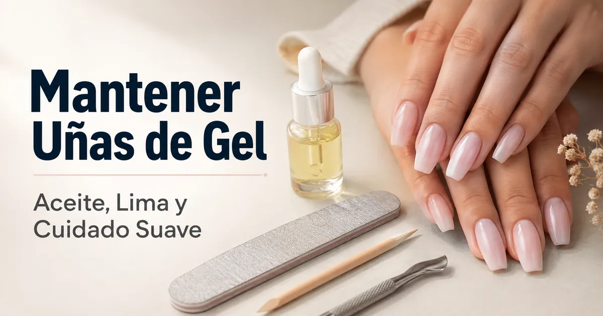 Mantenimiento de extensiones de uñas de gel en casa con aceite de cutículas, lima y herramientas suaves