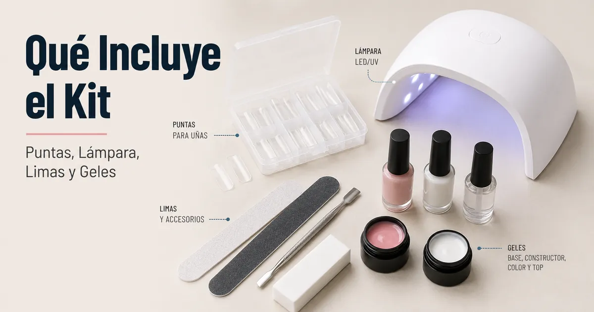 Piezas de un kit de extensiones de uñas de gel en casa, con puntas, lámpara, limas y geles