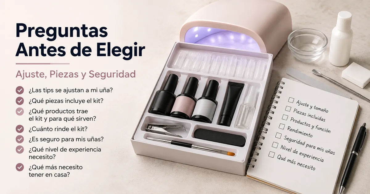 Kit de extensiones de uñas de gel en casa con una lista de preguntas sobre ajuste, piezas, coste y seguridad de la uña