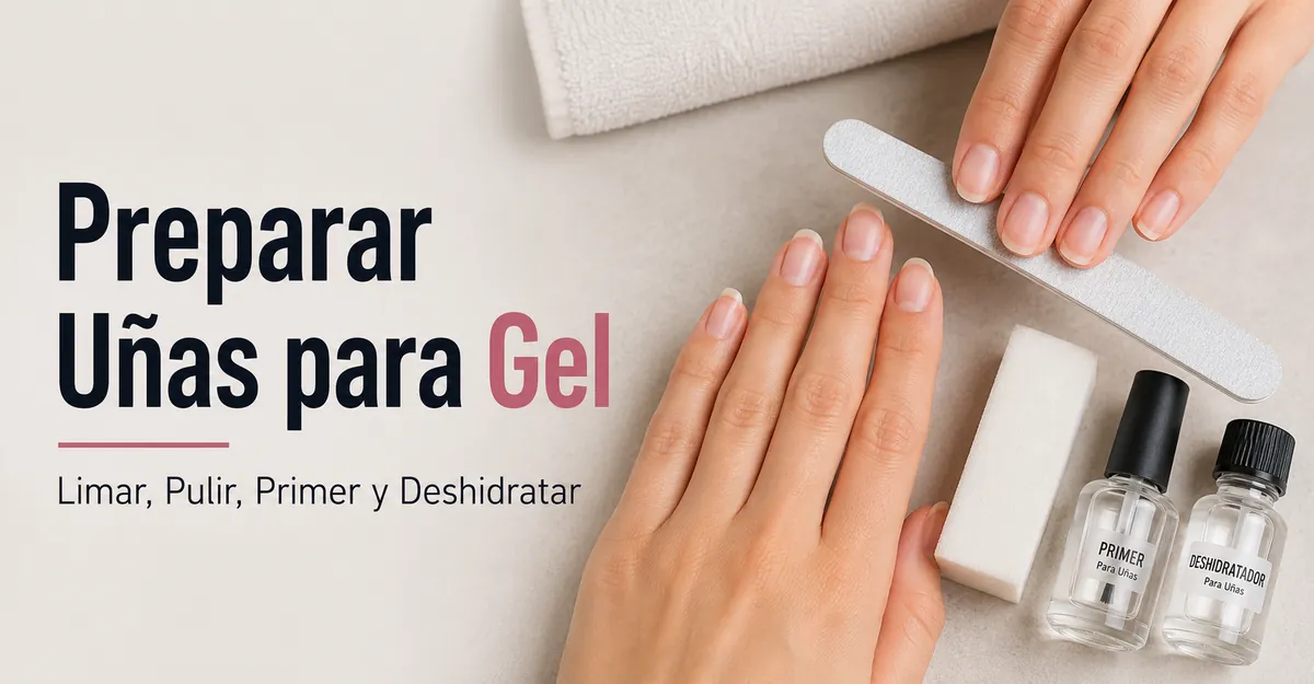 Uñas naturales preparadas con lima, pulidor, primer y deshidratador antes de aplicar extensiones de gel en casa