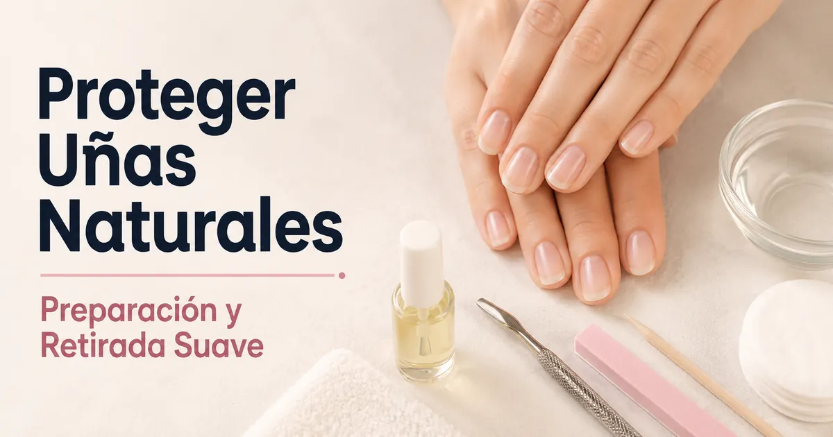 Uñas naturales sanas junto a herramientas suaves de preparación y retirada para extensiones de gel en casa