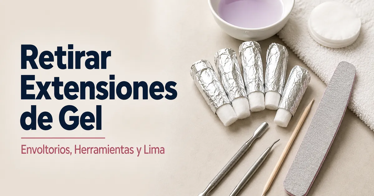 Preparación para retirar extensiones de uñas de gel en casa con envoltorios, herramientas de retirada y lima