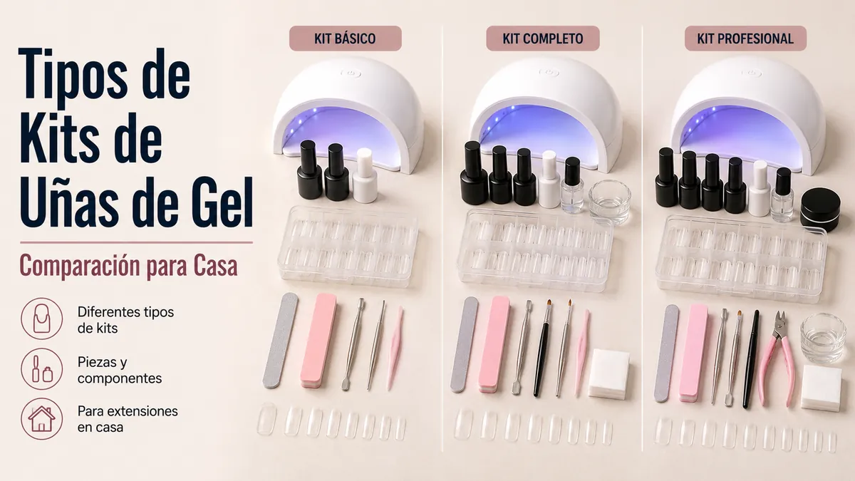 Diferentes tipos de kits de extensiones de uñas de gel en casa mostrados para comparar