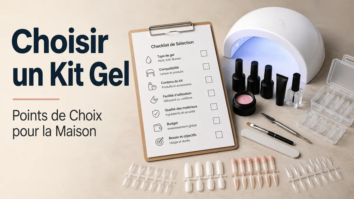 Liste de choix à côté d’un kit d’extension d’ongles en gel à domicile et de plusieurs options de capsules