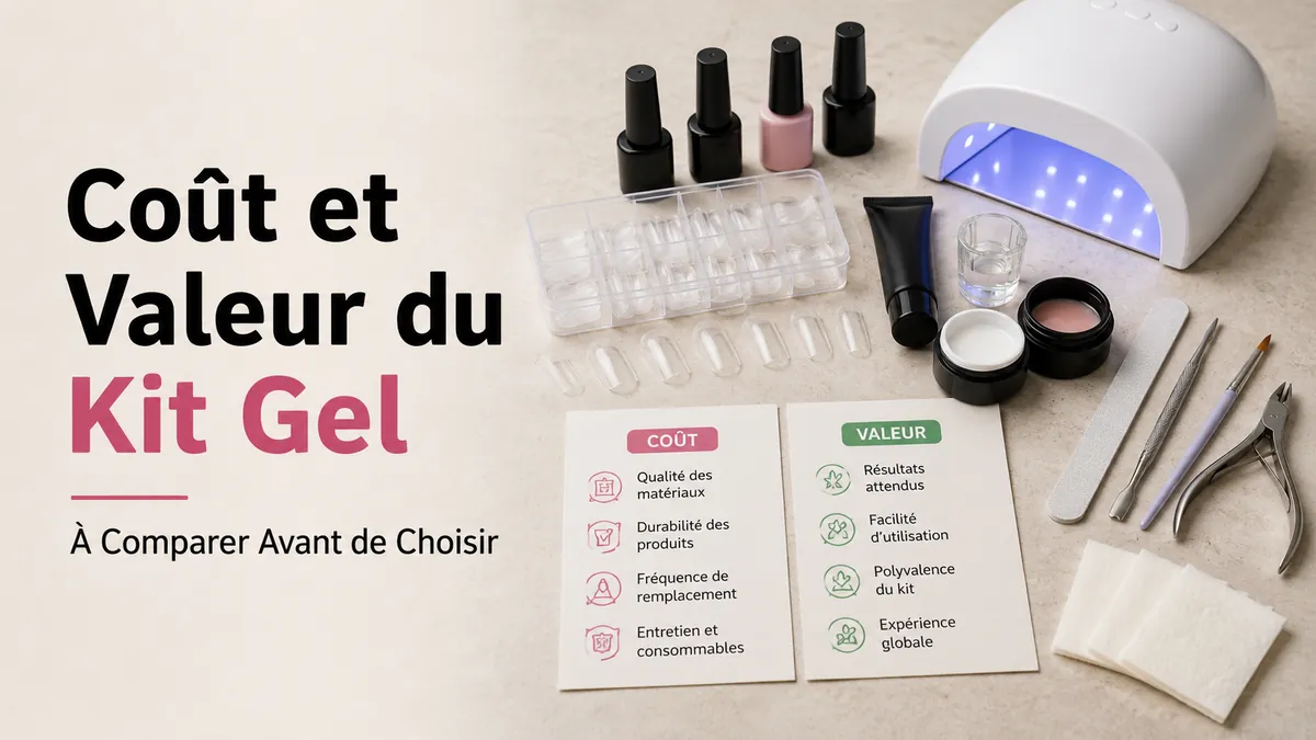 Pièces d’un kit d’extension d’ongles en gel à domicile avec notes sur le prix et la valeur