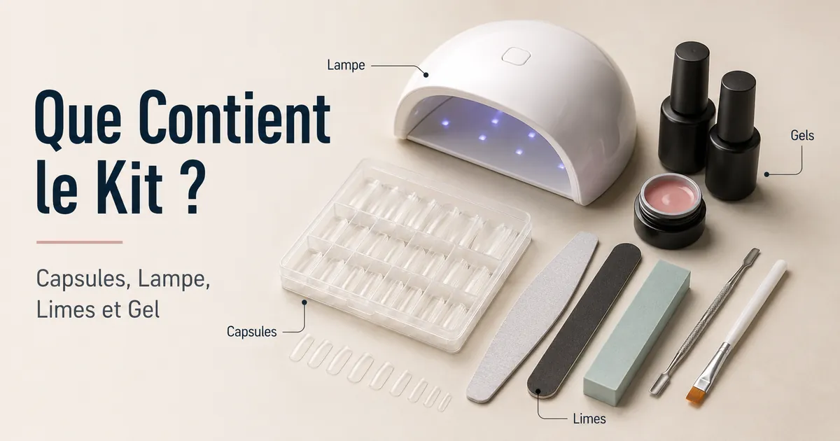 Pièces d’un kit d’extension d’ongles en gel à domicile avec capsules, lampe, limes et produits gel