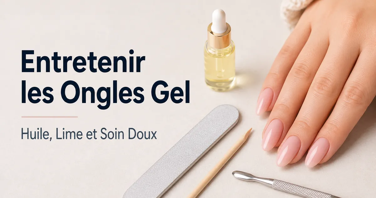 Entretien d’extensions d’ongles en gel à domicile avec huile à cuticules, lime et outils doux