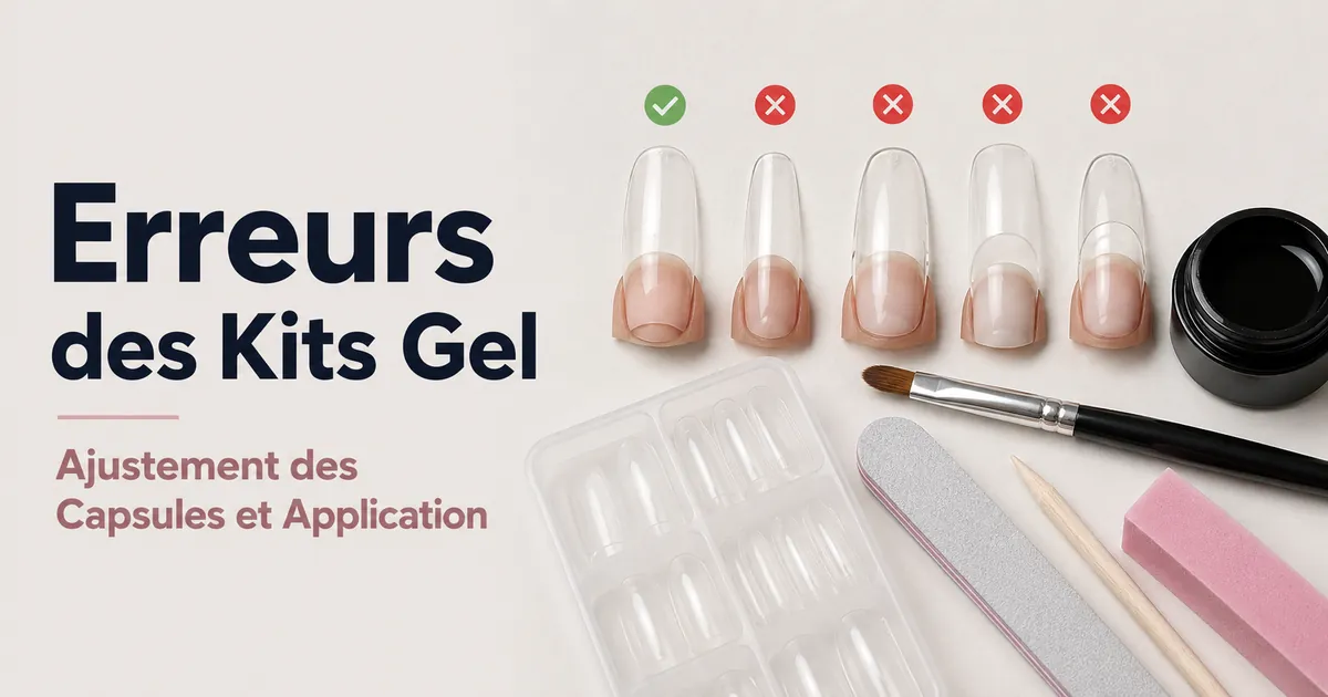 Erreurs courantes avec un kit d’extension d’ongles en gel à domicile, montrées avec des capsules mal ajustées et des outils d’application