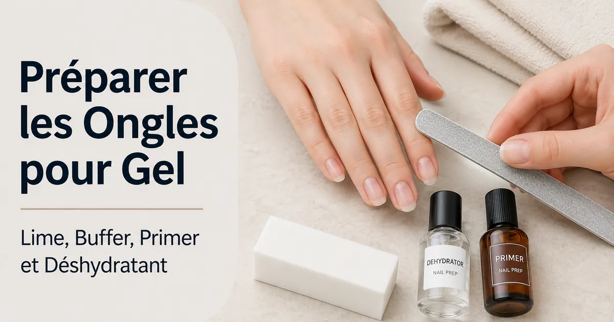 Ongles naturels préparés avec une lime, un buffer, un primer et un déshydratant avant des extensions en gel à domicile