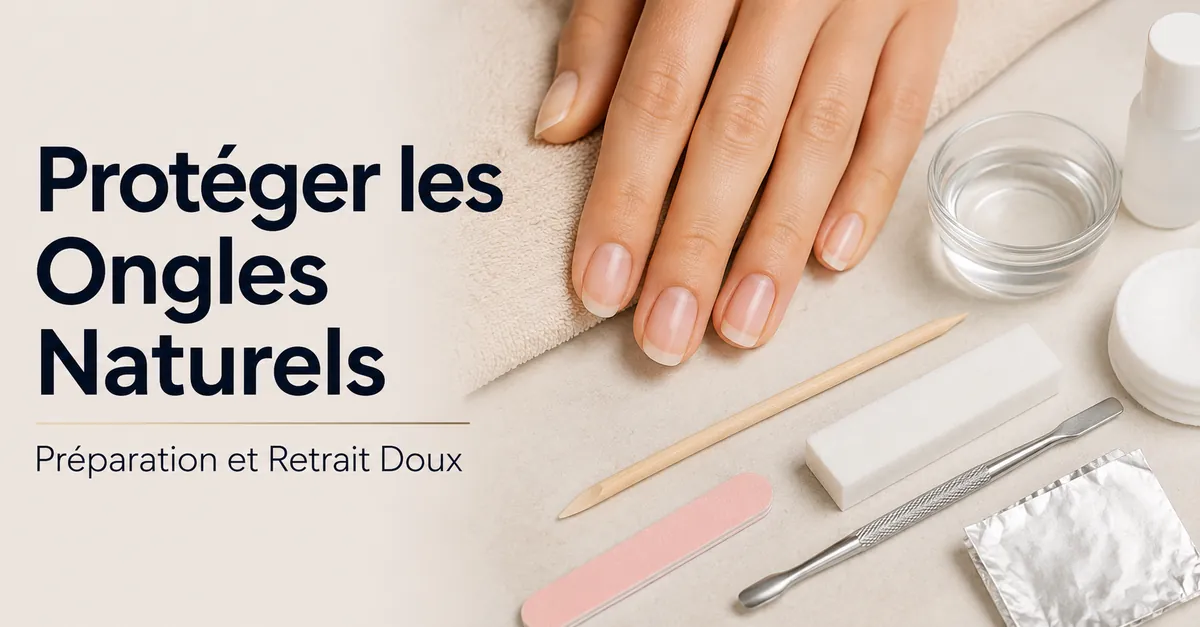 Ongles naturels sains à côté d’outils doux de préparation et de retrait pour extensions en gel à domicile