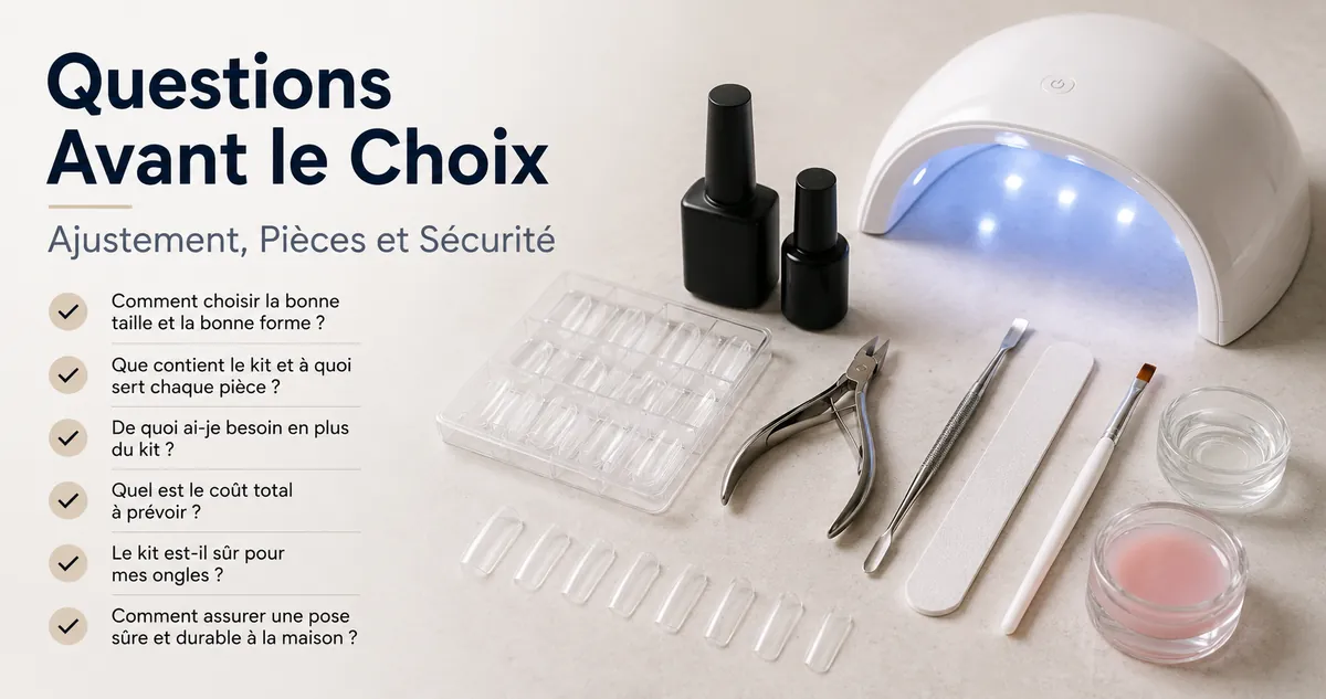 Kit d’extension d’ongles en gel à domicile avec liste de questions sur l’ajustement, les pièces, le coût et la sécurité des ongles