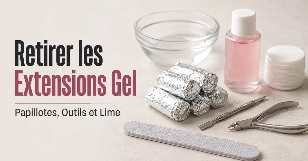 Préparation du retrait d’extensions d’ongles en gel à domicile avec papillotes, outils de retrait et lime