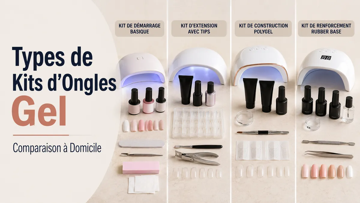Différents types de kits d’extension d’ongles en gel à domicile présentés pour comparaison