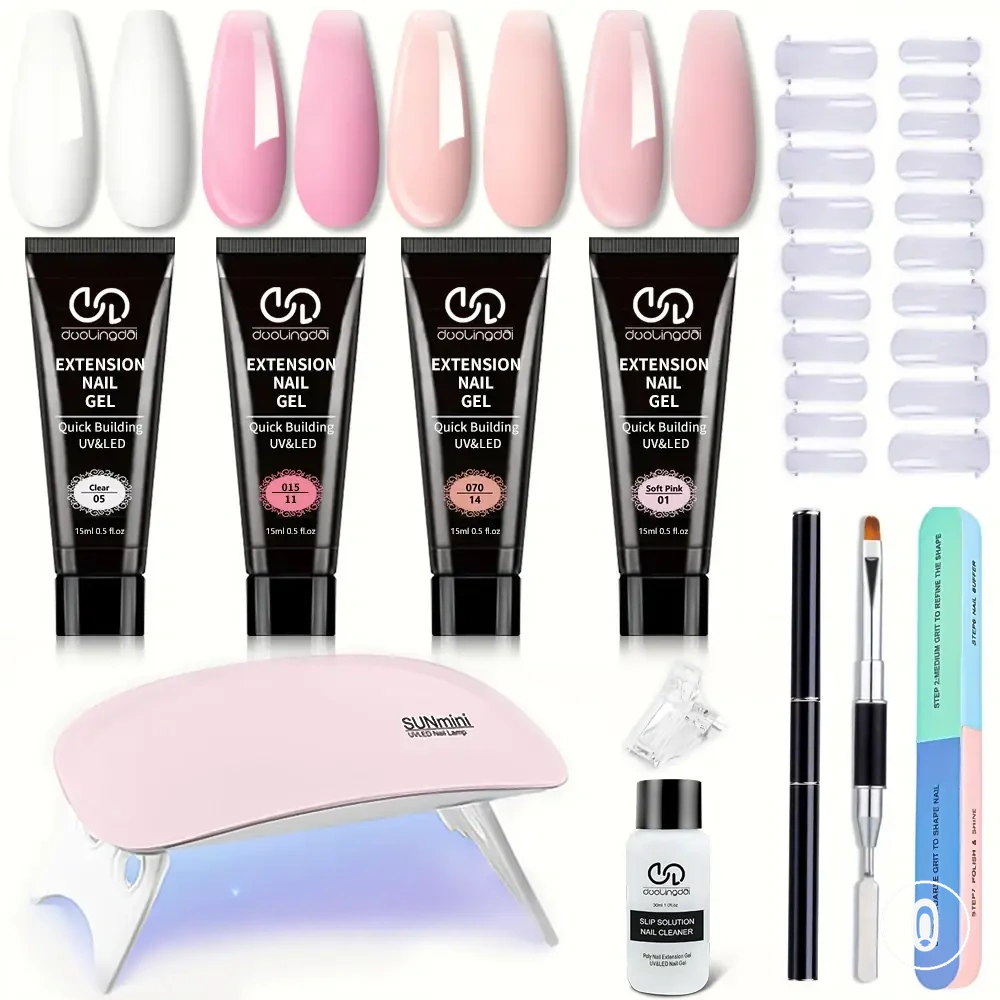 Kit d’extension d’ongles en polygel quatre couleurs avec gel builder et lampe compacte