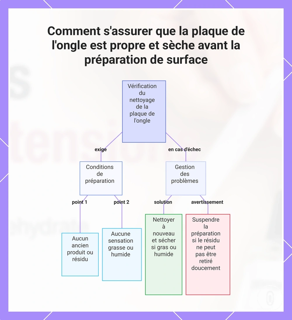 Comment s'assurer que la plaque de l'ongle est propre et sèche avant la préparation de surface