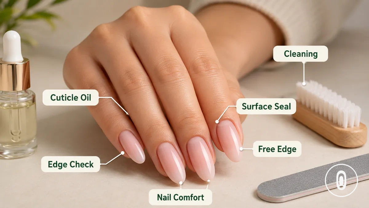 Zones couvertes par l’entretien des extensions d’ongles en gel à domicile, notamment la cuticule, la surface et le bord libre