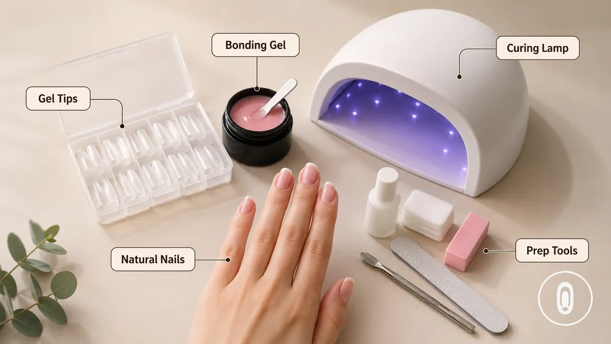 Kit d'extension d'ongles en gel à domicile légendé montrant des embouts en gel, du gel de liaison, une lampe de polymérisation et des fournitures de préparation