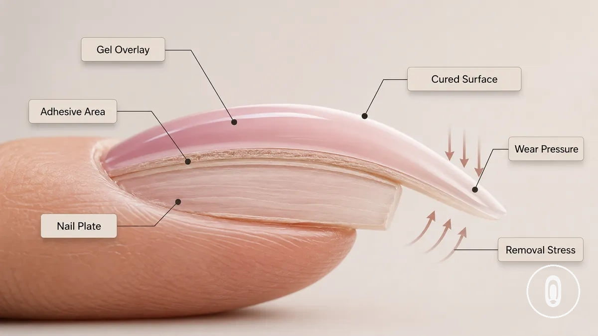 Schéma montrant comment les extensions en gel reposent sur la surface de l’ongle naturel