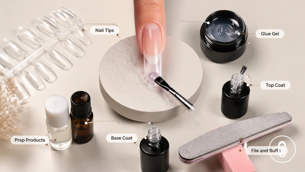 Embouts, gel colle, produits de préparation et couches de finition utilisés dans un kit d’extension d’ongles en gel