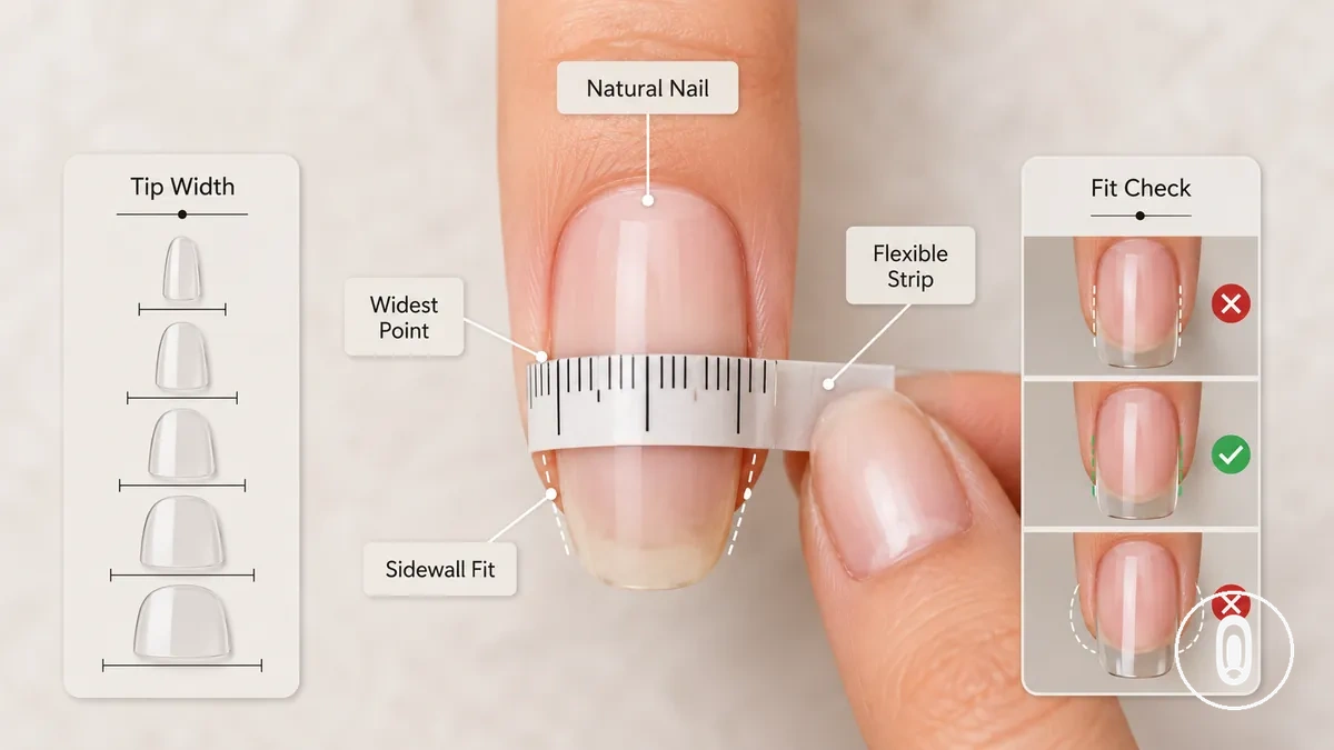 Mesure de la largeur de l’ongle naturel à l’aide d’une bande flexible avec le point le plus large et la référence des parois latérales
