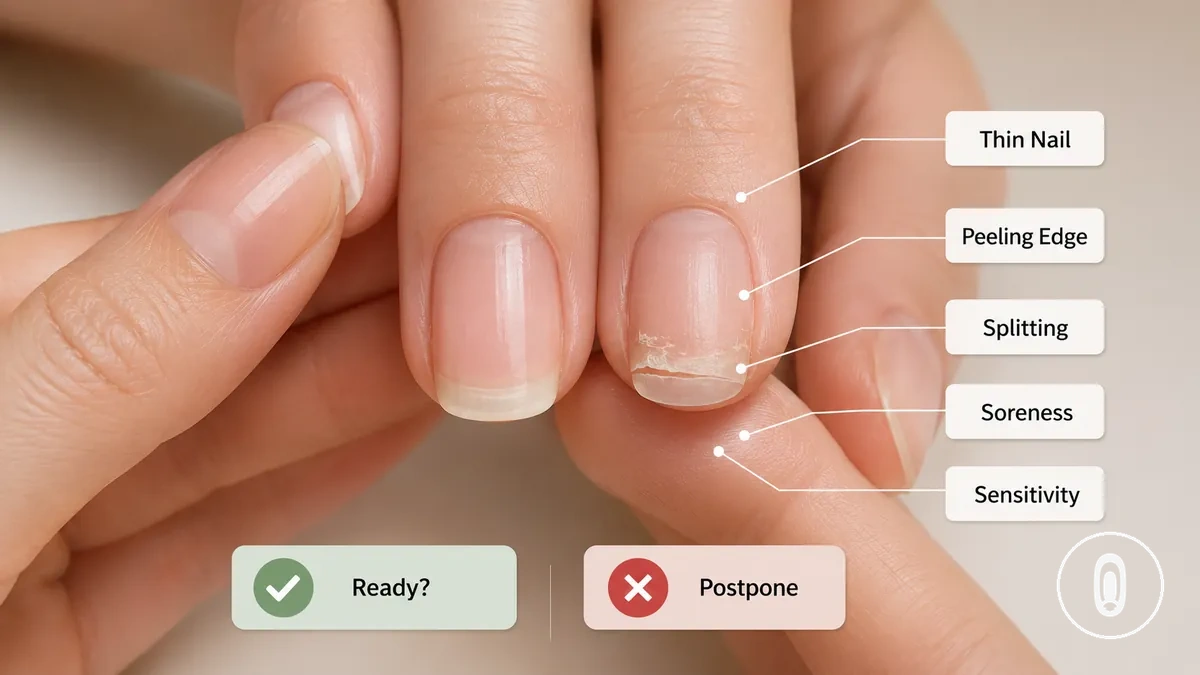 Ongles naturels montrant des signes de préparation avant la pose d’extensions en gel