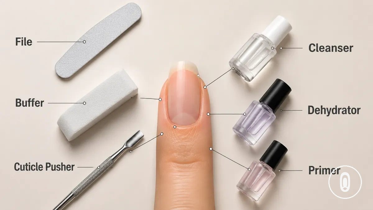 Outils et produits de préparation des ongles pour les extensions en gel, incluant lime, polissoir, pousse-cuticules, nettoyant, déshydrateur et primer