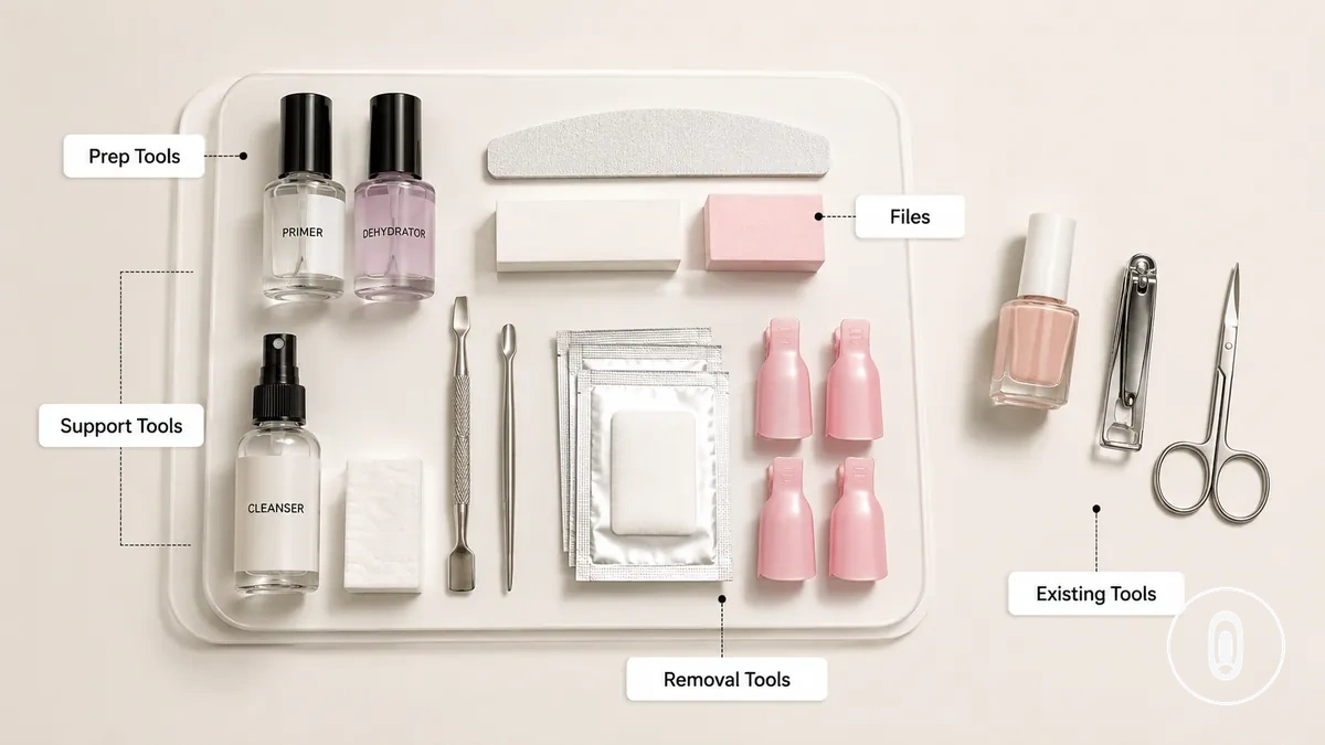 Outils de préparation, de retrait et de soutien pour un kit d’extension d’ongles en gel à domicile disposés comme ajouts liés à la valeur