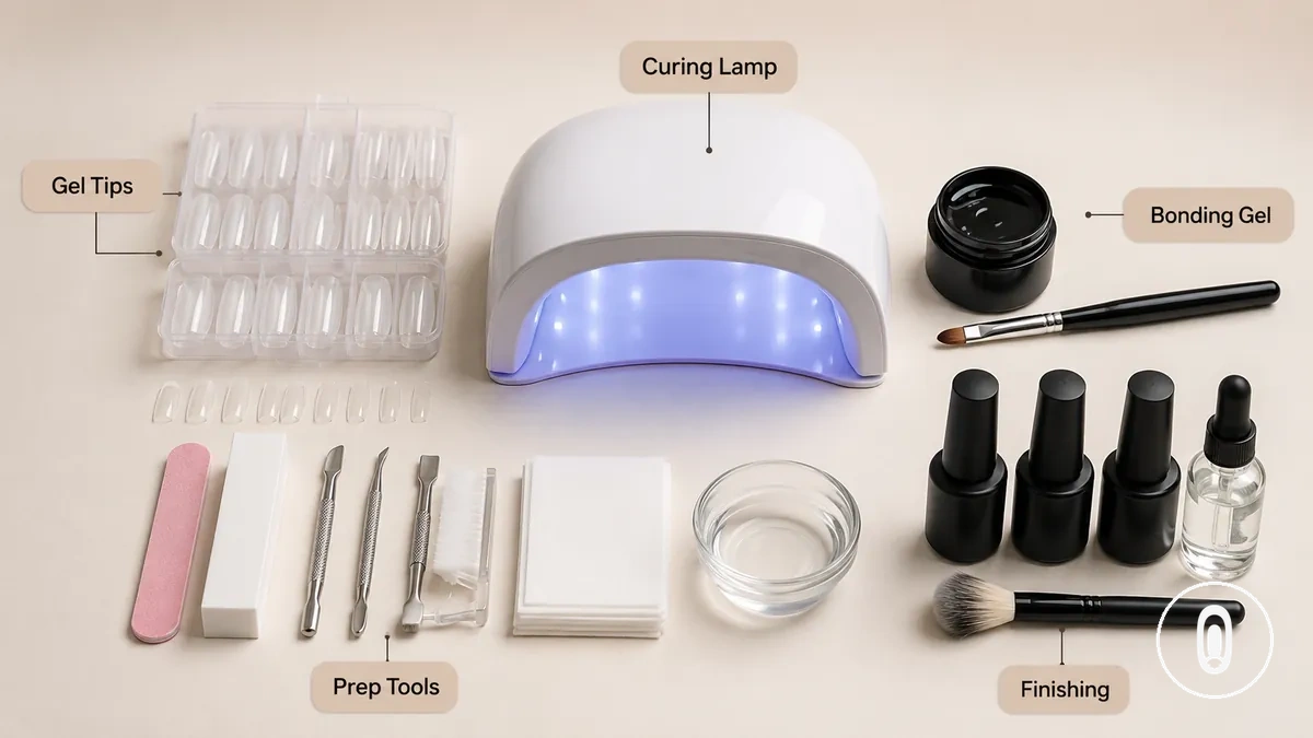 Parties principales d'un kit d'extension d'ongles en gel regroupées par embouts en gel, gel de liaison, lampe de polymérisation, outils de préparation et produits de finition