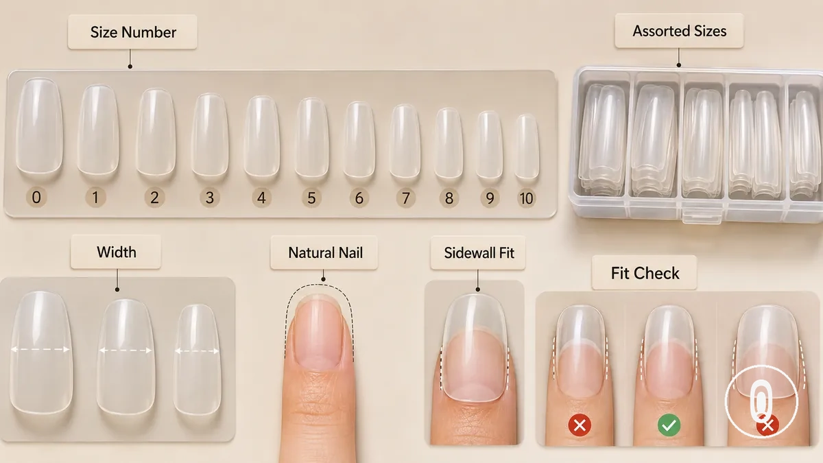 Tailles des capsules gel et options de largeur disposées pour comparer l’ajustement à l’ongle naturel