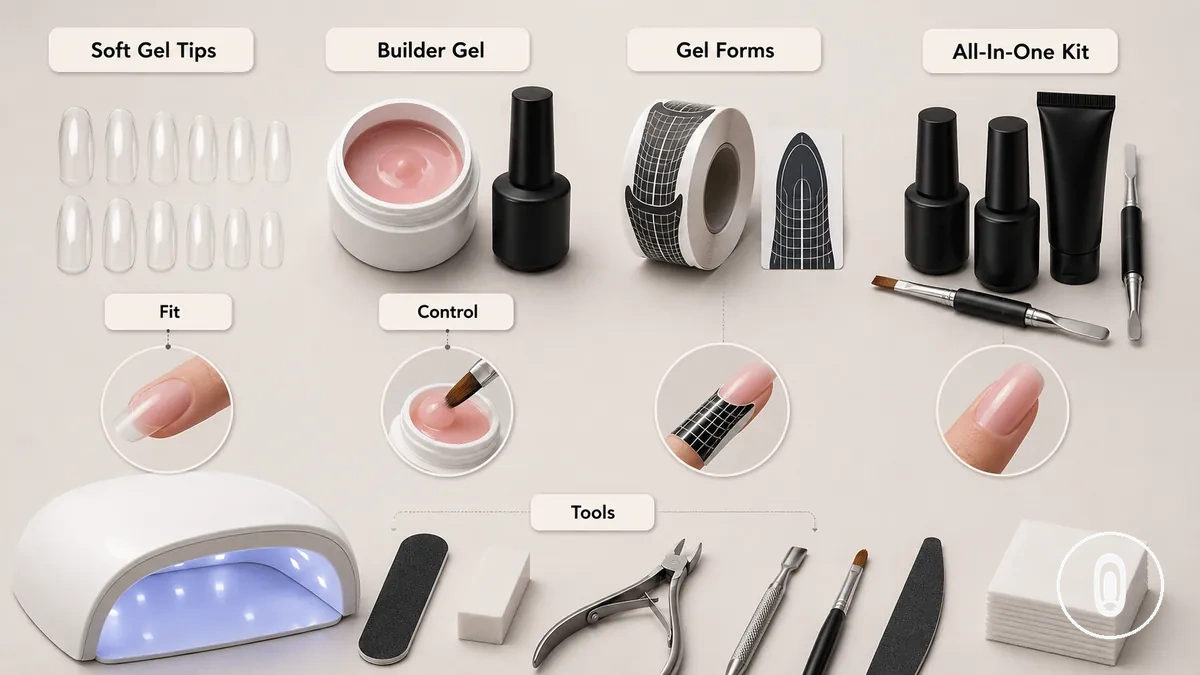 Graphique comparatif des principaux types de kits d'extension en gel à domicile incluant capsules en gel souple, gel de construction, formes et kits tout-en-un