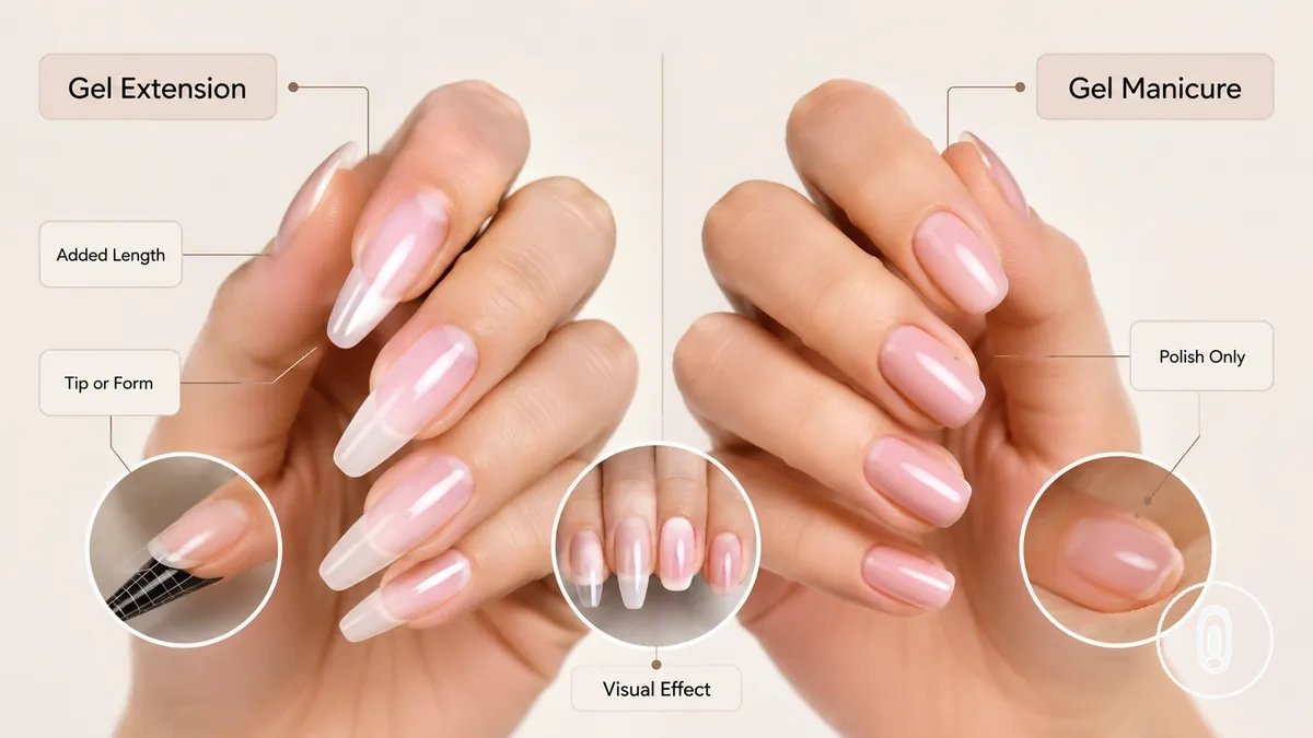 Résultats d’extensions en gel comparés aux résultats d’une manucure gel montrant la longueur ajoutée et la finition vernis uniquement