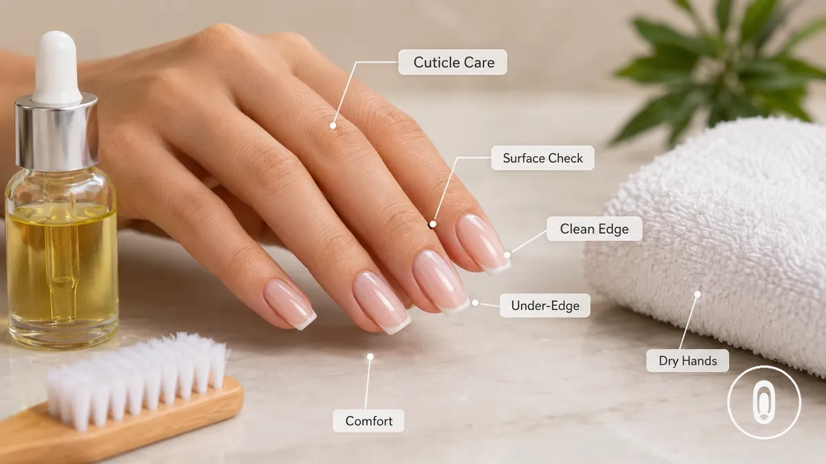 Soins quotidiens pour extensions en gel avec huile à cuticules, brosse de nettoyage douce et bords d ongles propres