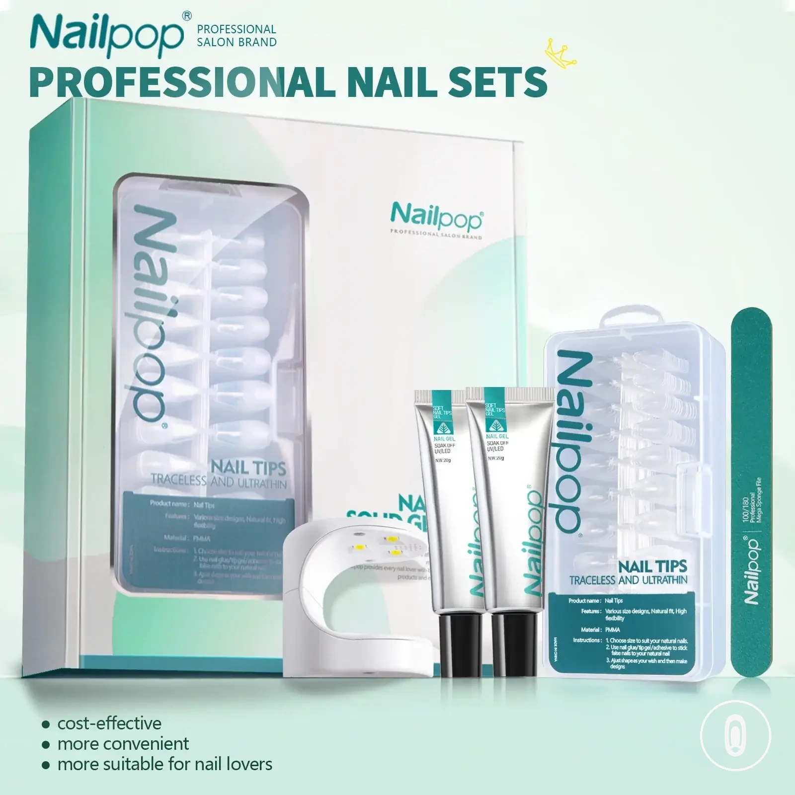 Kit de tips e gel cola com lâmpada UV, unhas semimatte e lixas