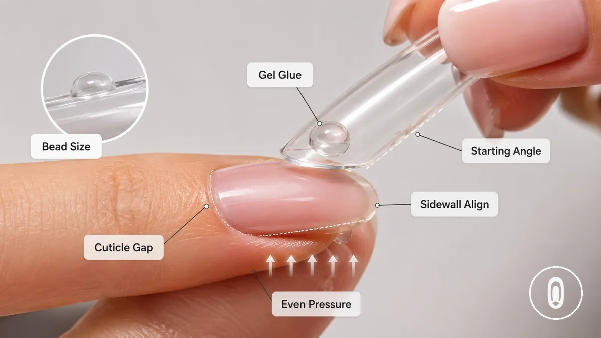 Aplicando cola de gel e posicionando uma ponta de gel de cobertura total em uma unha preparada