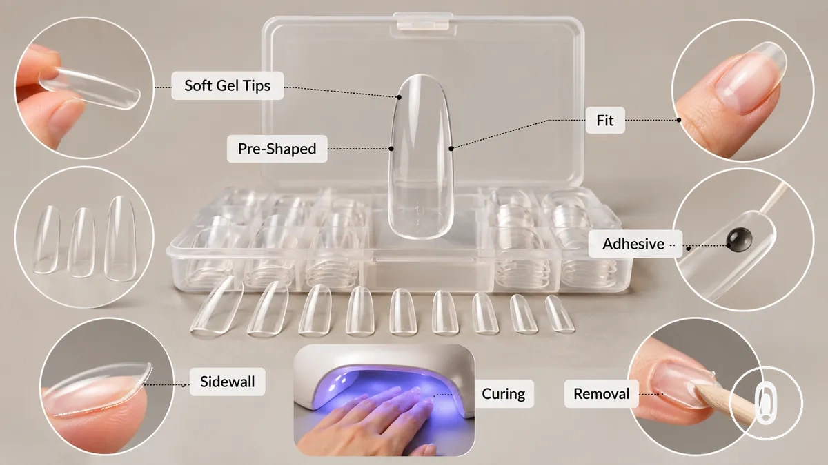 Kit de pontas de gel suave de cobertura total mostrando pontas de gel pré-moldadas, área de ajuste na unha natural, adesivo de gel, lâmpada de cura e cobertura das laterais