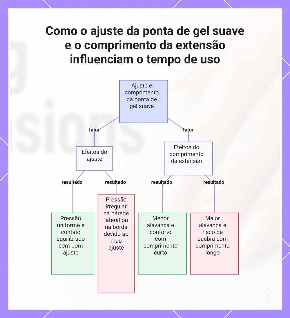 Como o ajuste da ponta de gel suave e o comprimento da extensão influenciam o tempo de uso