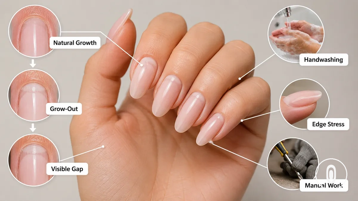 Crescimento natural das unhas e uso diário das mãos afetando o uso das extensões de unhas em gel
