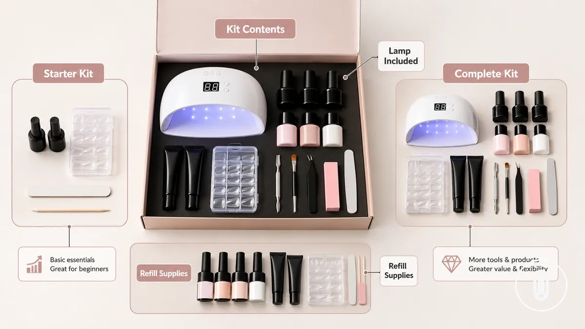Comparação de faixa de preço para kits de extensão de unhas em gel em casa por tipos de kit: inicial, completo e com lâmpada incluída