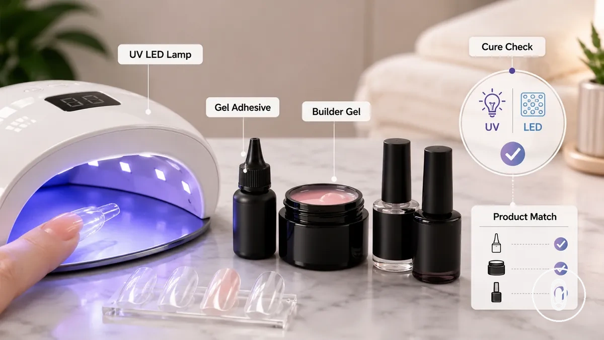 Lâmpada de unha UV ou LED ao lado de produtos de extensão de unhas em gel mostrando dicas de compatibilidade de cura