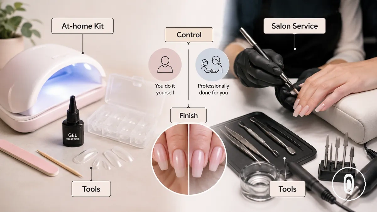 Kits caseiros e extensões de gel de salão como dois caminhos de extensão, com ferramentas do kit e resultados de extensão em gel finalizados