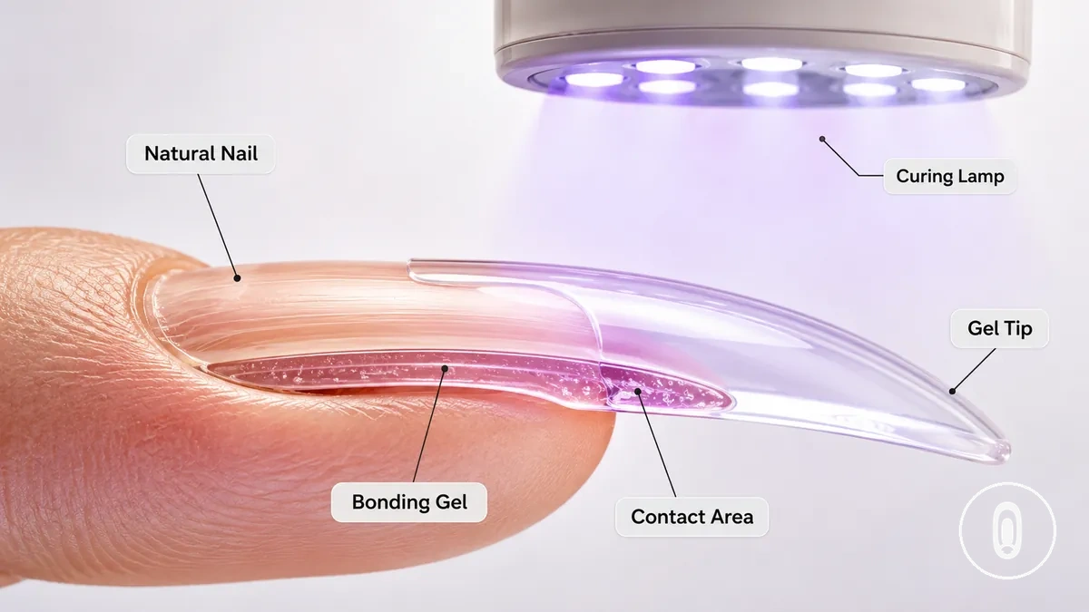 Diagrama mostrando como uma tip de gel adere a uma unha natural com gel antes da cura