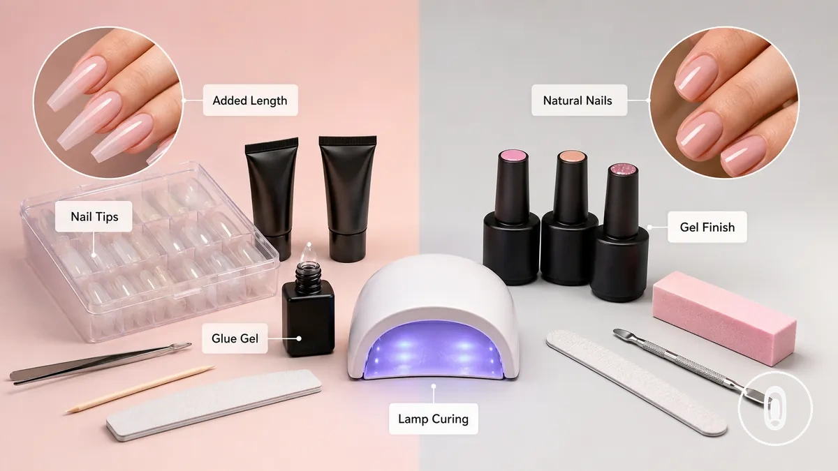 Comparação dos componentes de um kit de extensão em gel e um kit de manicure em gel comum