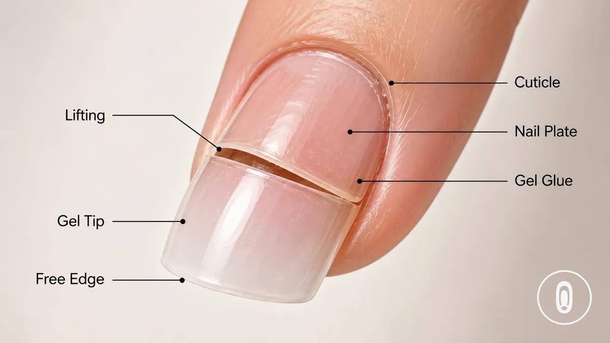 Close-up de uma extensão em gel mostrando separação próxima à cutícula e parede lateral