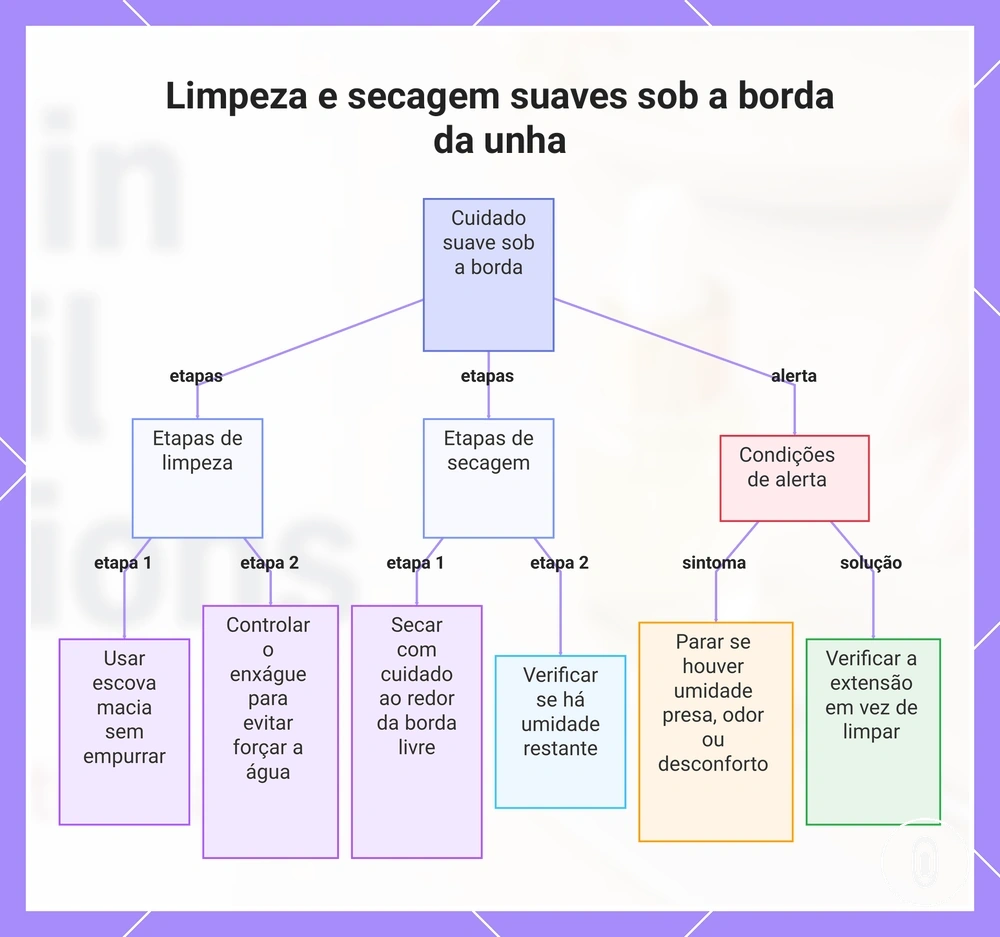 Limpeza e secagem suaves sob a borda da unha