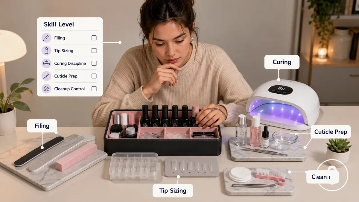 Iniciante verificando nível de habilidade e requisitos de ferramentas para um kit de extensão de unhas em gel