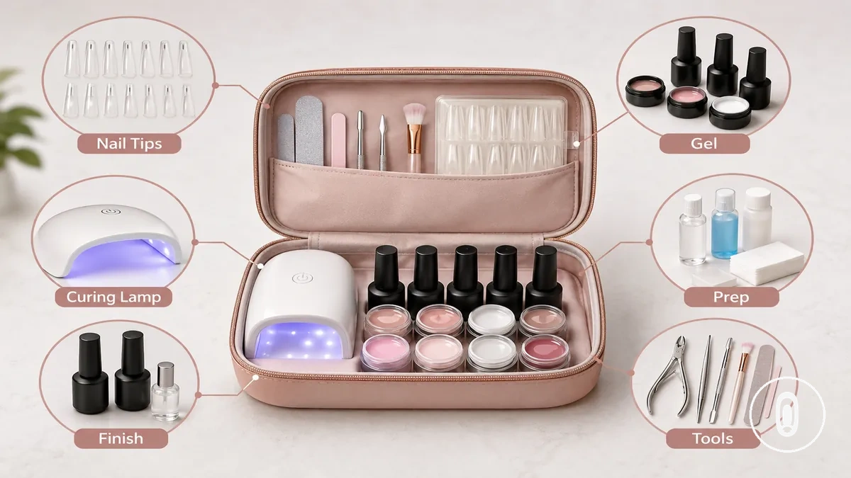 Componentes do kit de extensão de unhas em gel incluindo pontas, gel, lâmpada de cura e ferramentas de suporte