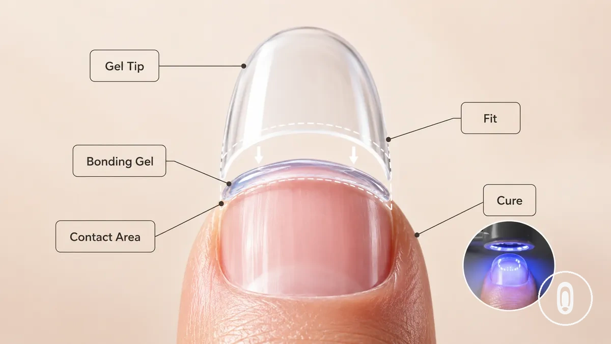 Close-up de tip de gel e gel de ligação alinhados em uma unha natural antes da cura