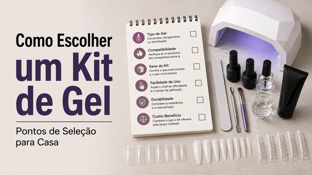 Lista de seleção ao lado de um kit de extensão de unhas em gel em casa e opções de pontas