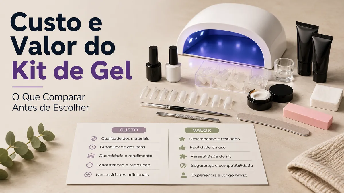 Peças de um kit de extensão de unhas em gel em casa com notas de custo e valor