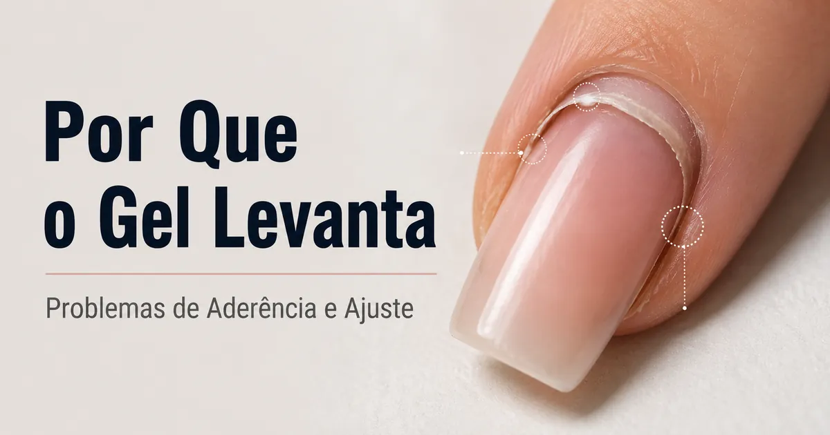 Vista aproximada de uma extensão de unha em gel levantada com baixa aderência perto da cutícula e da lateral
